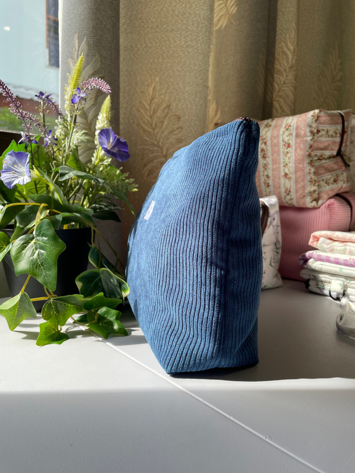 Standing Zipper Pouch in Blue Corduroy